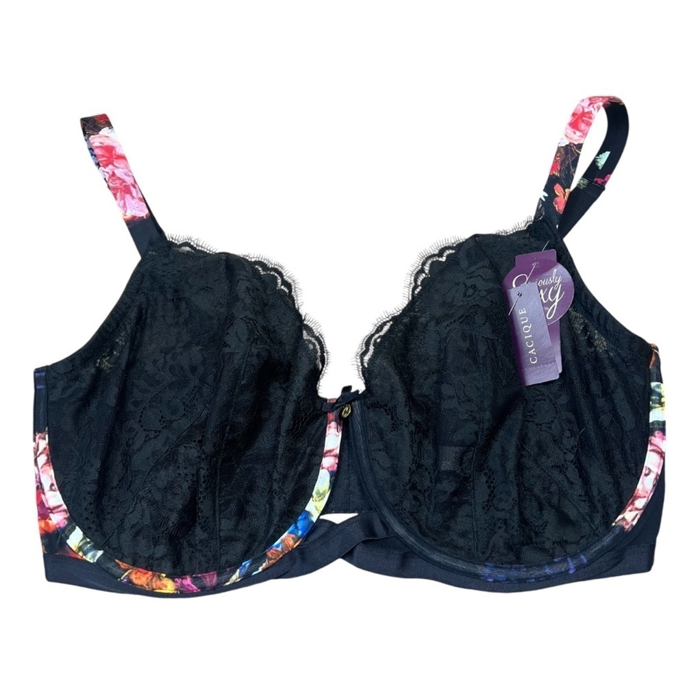 Cacique Seriously Sexy Full Coverage Bra Lace Underwire Black Floral 40H